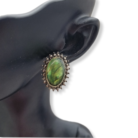 VINTAGE SILVERPLATED & ABALONE SHELL STATEMENT EARRINGS - Picture 1 of 5